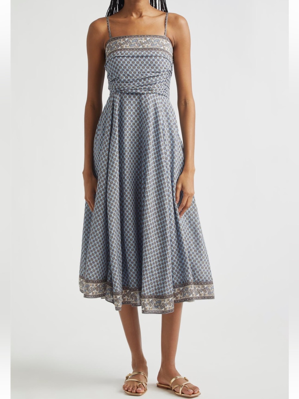 Veronica Beard Lana Ruched Medallion & Paisley Scarf Print Midi Dress Blue Jay